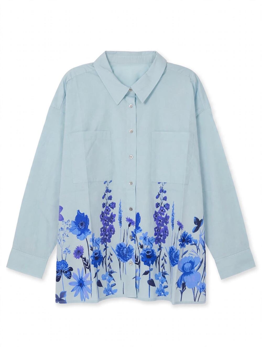 ATTITUDES by Renee 2X Chambray Floral Shirt Blue Purple Butterfly NWT